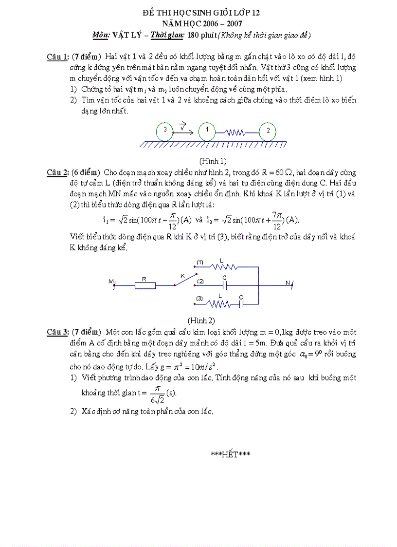 Đề thi HSG môn Vật lý 12 THPT An Luơng Đông Huế 2006