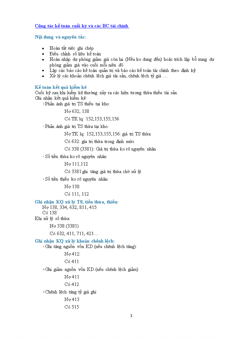 Công tác kế toán cuối kỳ và các BC tài chính