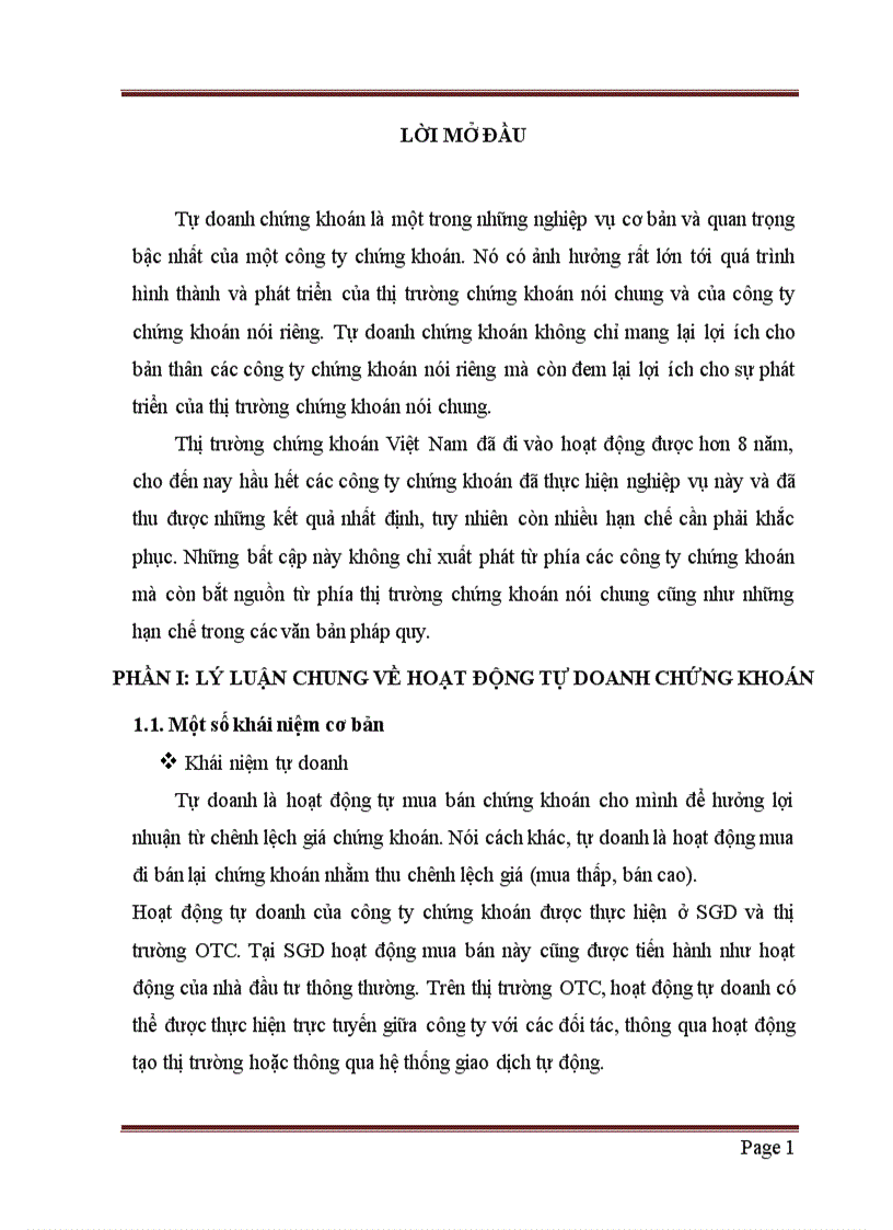 Bài báo cáo Hoạt động tự doanh chứng khoán