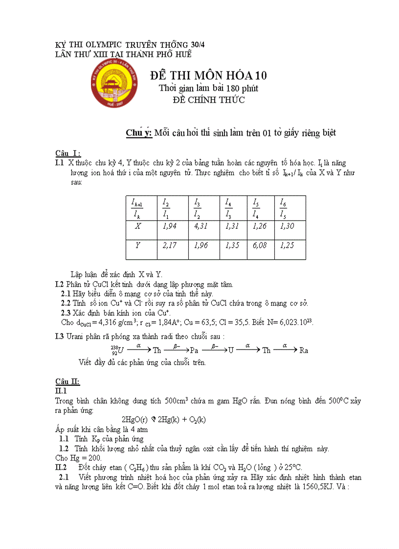 Kỳ thi olympic truyền thống 30 4 lần thứ xiii tại thành phố huế đề thi môn hóa 10