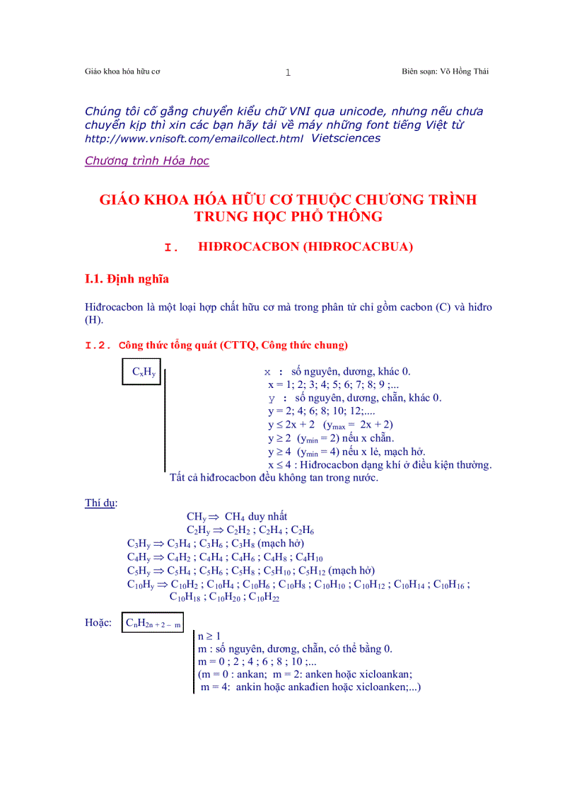 Giáo khoa hóa hữu cơ thuộc chương trình trung học phổ thông i Hiđrocacbon hiđrocacbua