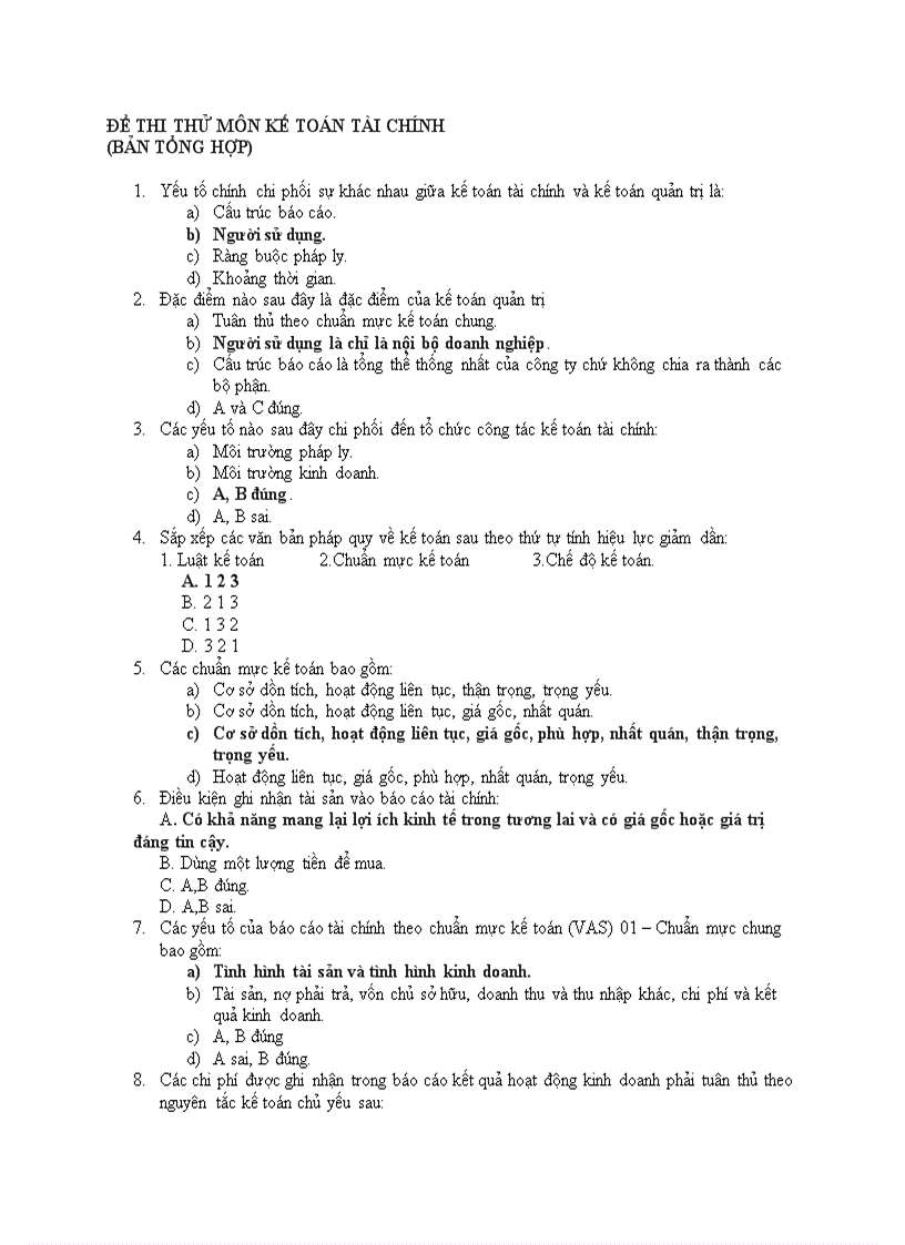 Đề thi thử môn kế toán tài chính