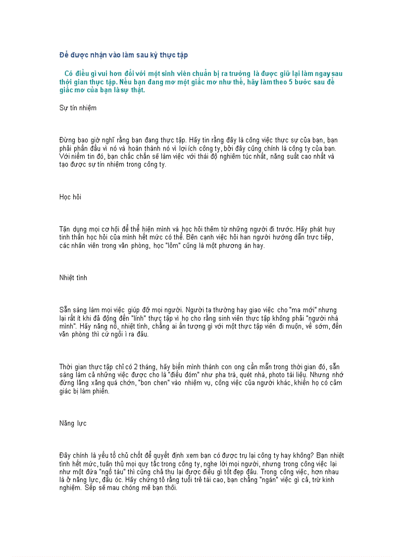 Để được nhận vào làm sau kỳ thực tập
