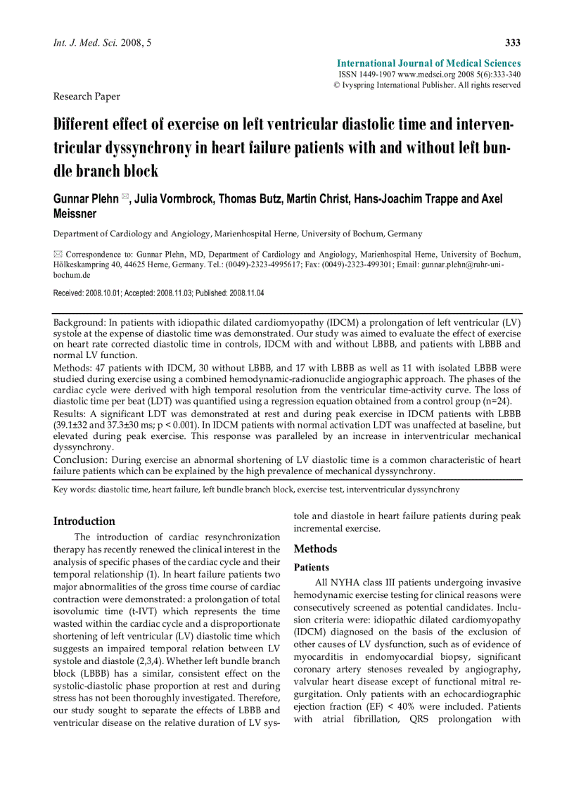 Báo cáo y học Different effect of exercise on left ventricular diastolic time and interventricular dyssynchrony in heart failure patients with and without left bundle branch block