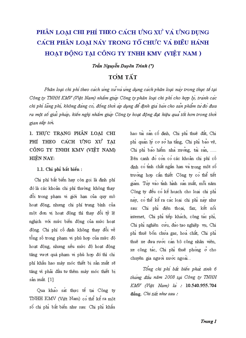 Phân loại chi phí theo cách ứng xử và ứng dụng cách phân loại này trong tổ chức và điều hành hoạt động tại công ty tnhh kmv việt nam