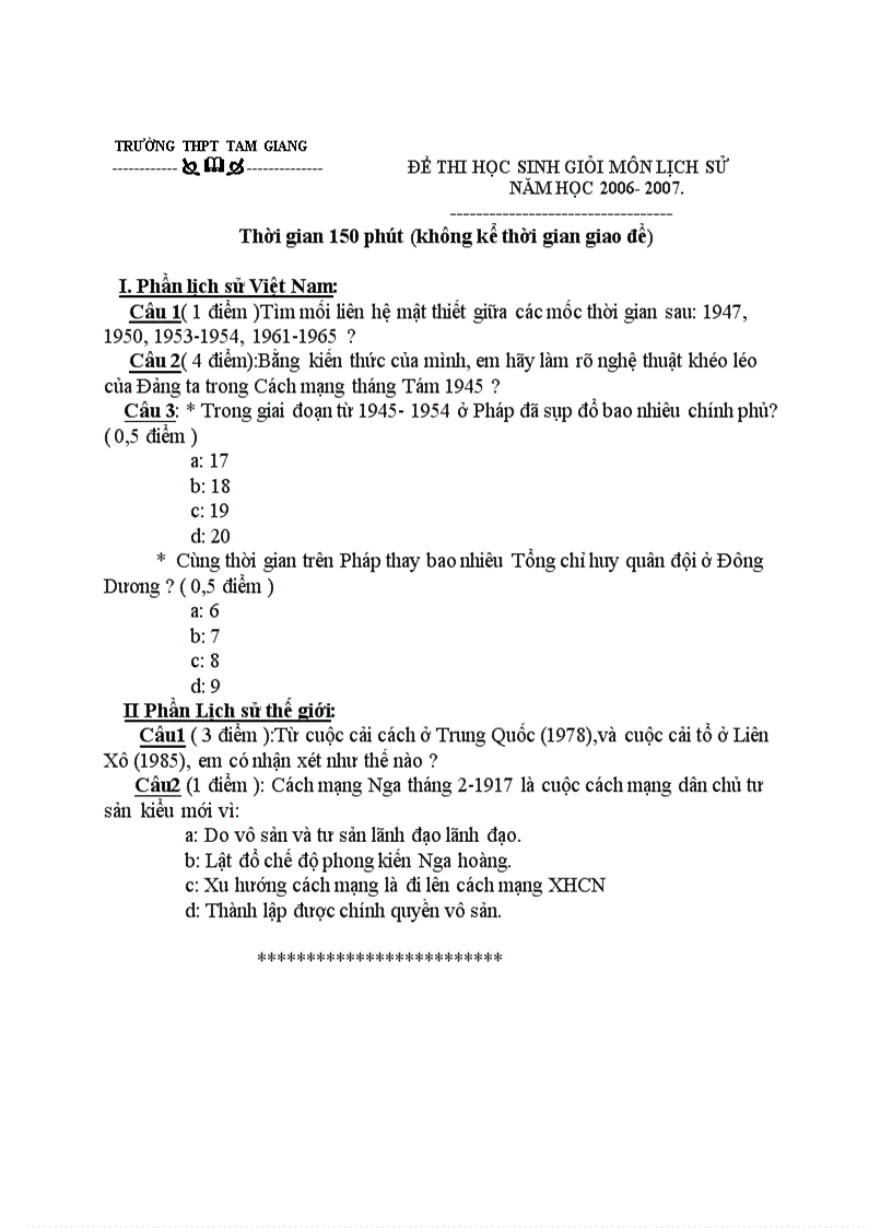 Đề thi HSG môn Lịch sử 12 THPT Tam Giang Huế 2006