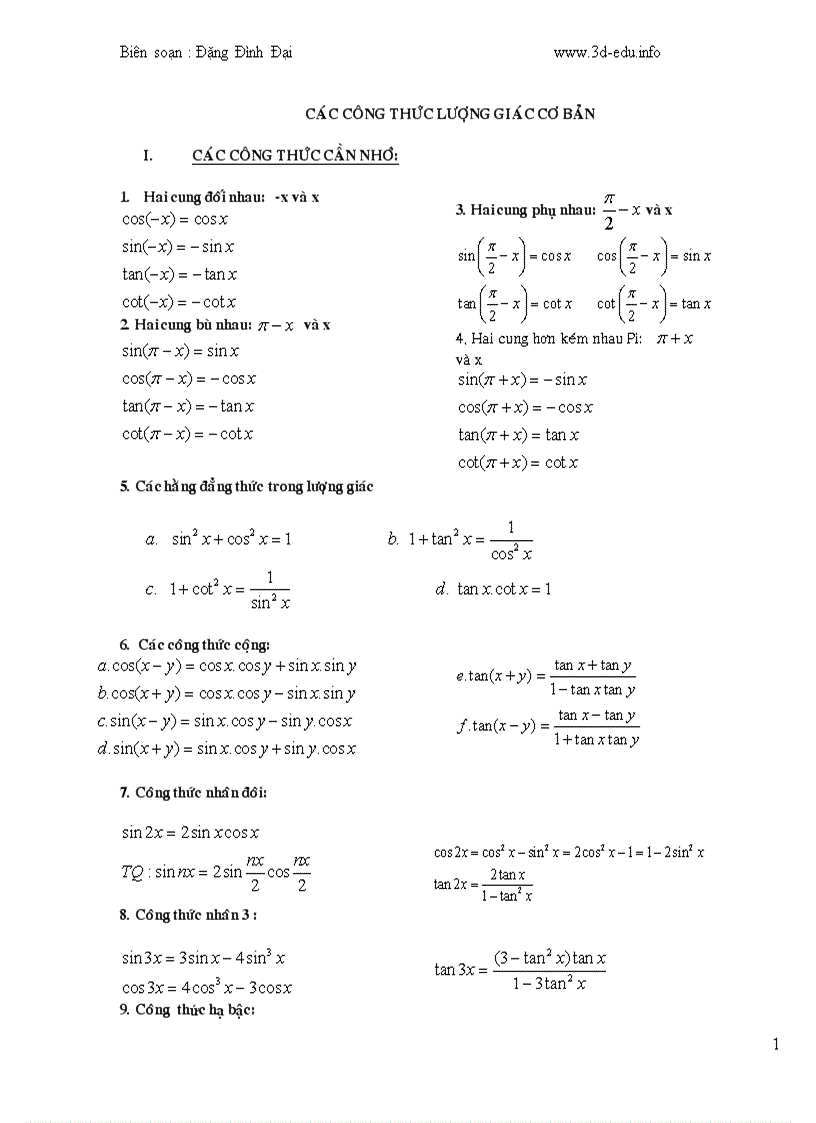 Các công thức lượng giác 10 và bài tập biến đổi
