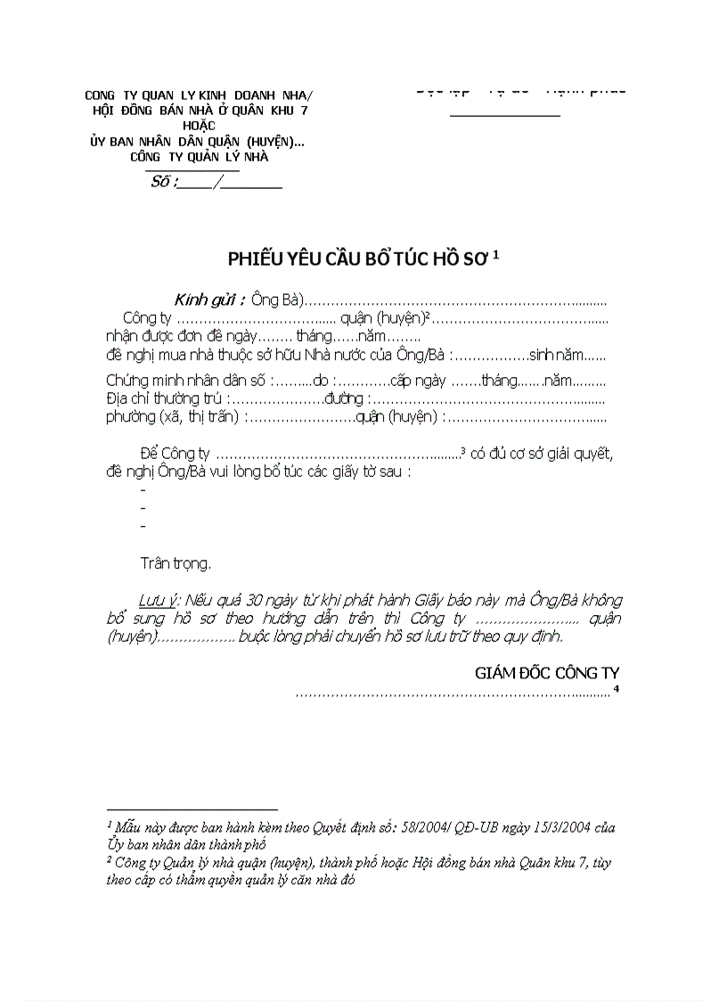 Phiếu yêu cầu bổ túc hồ sơ 1