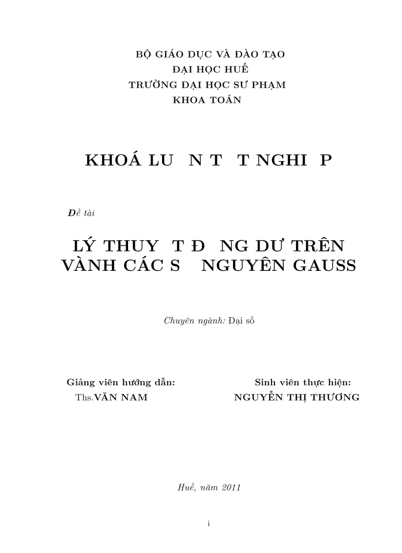 Luận văn tốt nghiệp ĐHSP lý thuyết đồng dư trên vành các số nguyên GAUSS