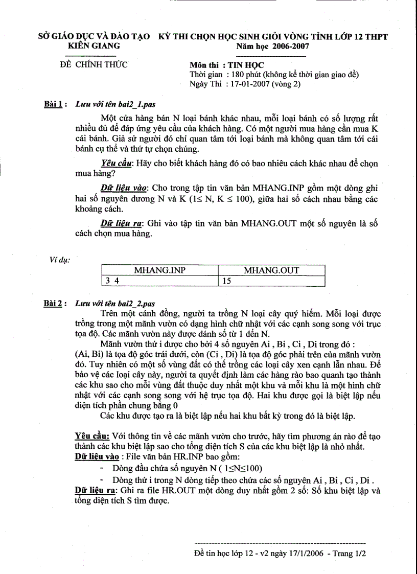 Kì thi HSG tỉnh Kiên Giang môn Tin học 12 năm 2006 2007 vòng 2
