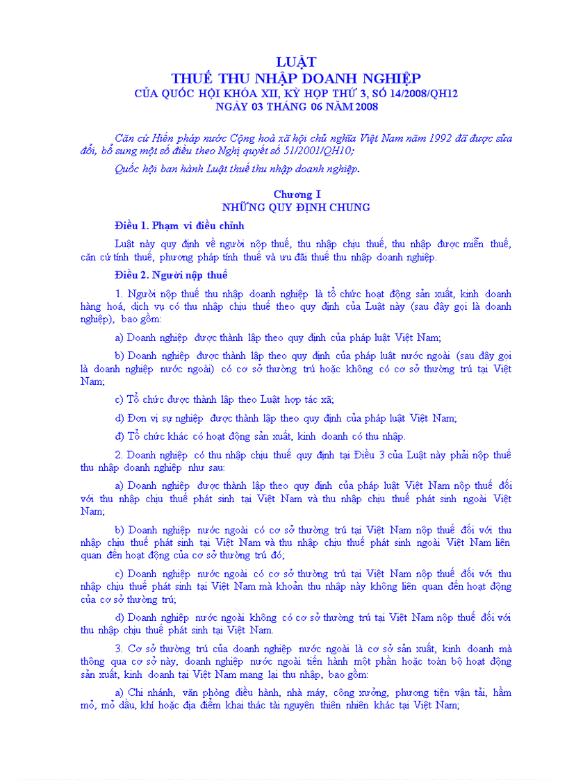 Luật Thuế thu nhập doanh nghiệp của Quốc Hội khoá XII kỳ họp thứ 3 số 14 2008 QH12 ngày 03 06 2008
