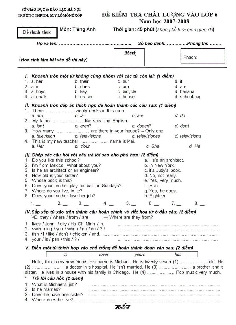 Đề thi kiểm tra chất lượng vào lớp 6 môn Anh văn THPTDL Lômônôxốp Hà Nội 2007 2008