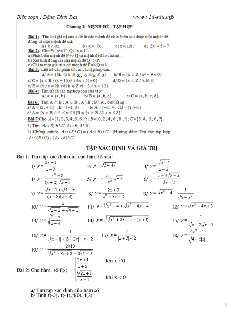 Bài tập về tập hợp và tập xác định hàm số BTVN số 1