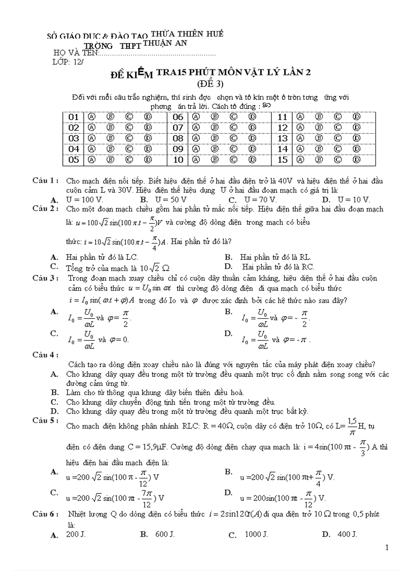 Kiểm tra Vật lý 15 phút Lần 2 THPT Thuận An 07 08 Đề 3