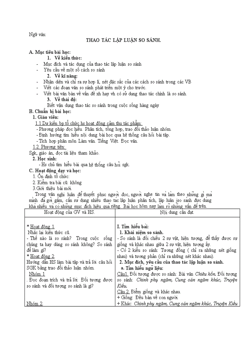 Ngữ văn THAO TÁC LẬP LUẬN SO SÁNH