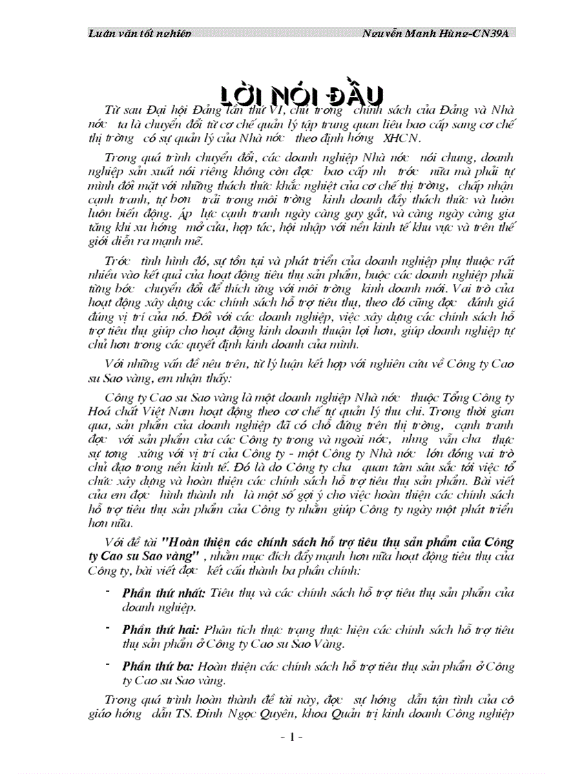 Luận văn Hoàn thiện các chính sách hỗ trợ tiêu thụ sản phẩm của Công ty Cao su Sao vàng