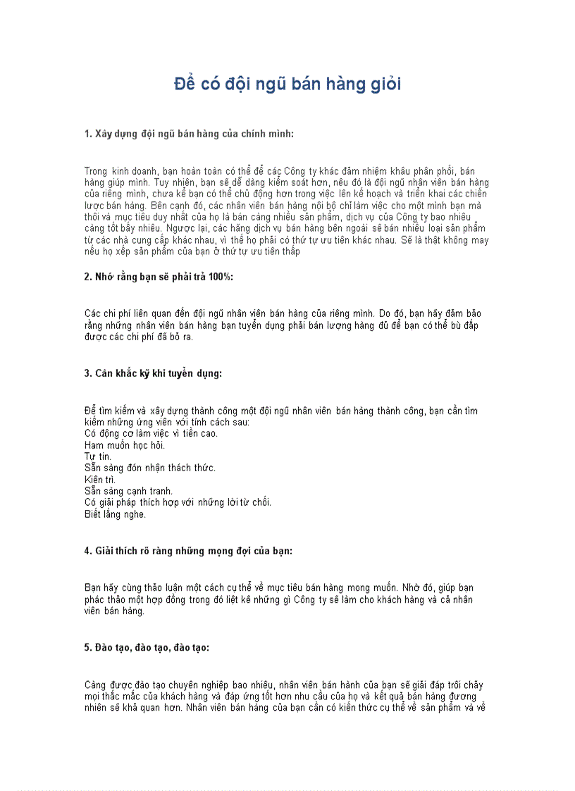 Để có đội ngũ bán hàng giỏi