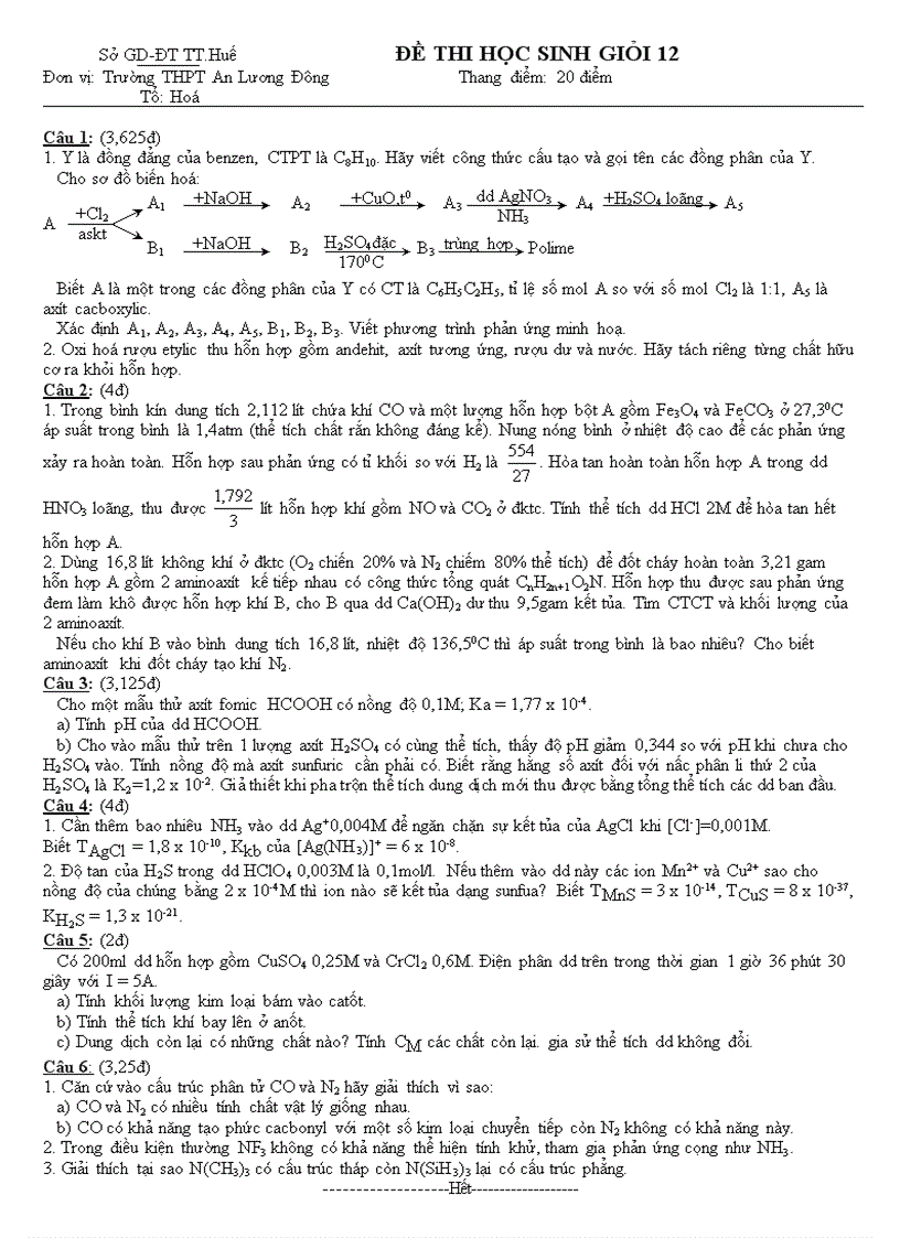 Đề thi HSG môn Hóa học 12 THPT An Luơng Đông Huế 2006