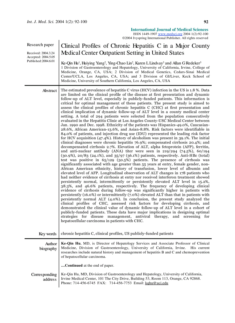 Báo cáo y học Clinical Profiles of Chronic Hepatitis C in a Major County Medical Center Outpatient Setting in United States