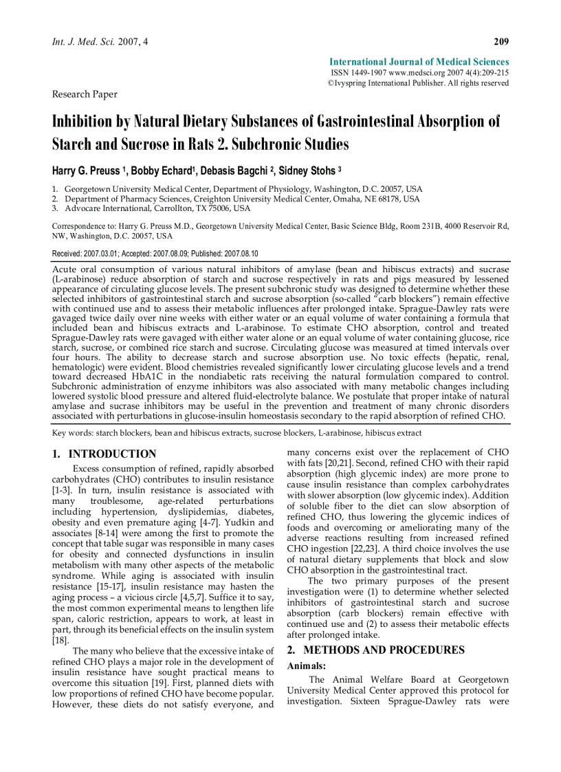 Báo cáo y học Inhibition by Natural Dietary Substances of Gastrointestinal Absorption of Starch and Sucrose in Rats 2 Subchronic Studies