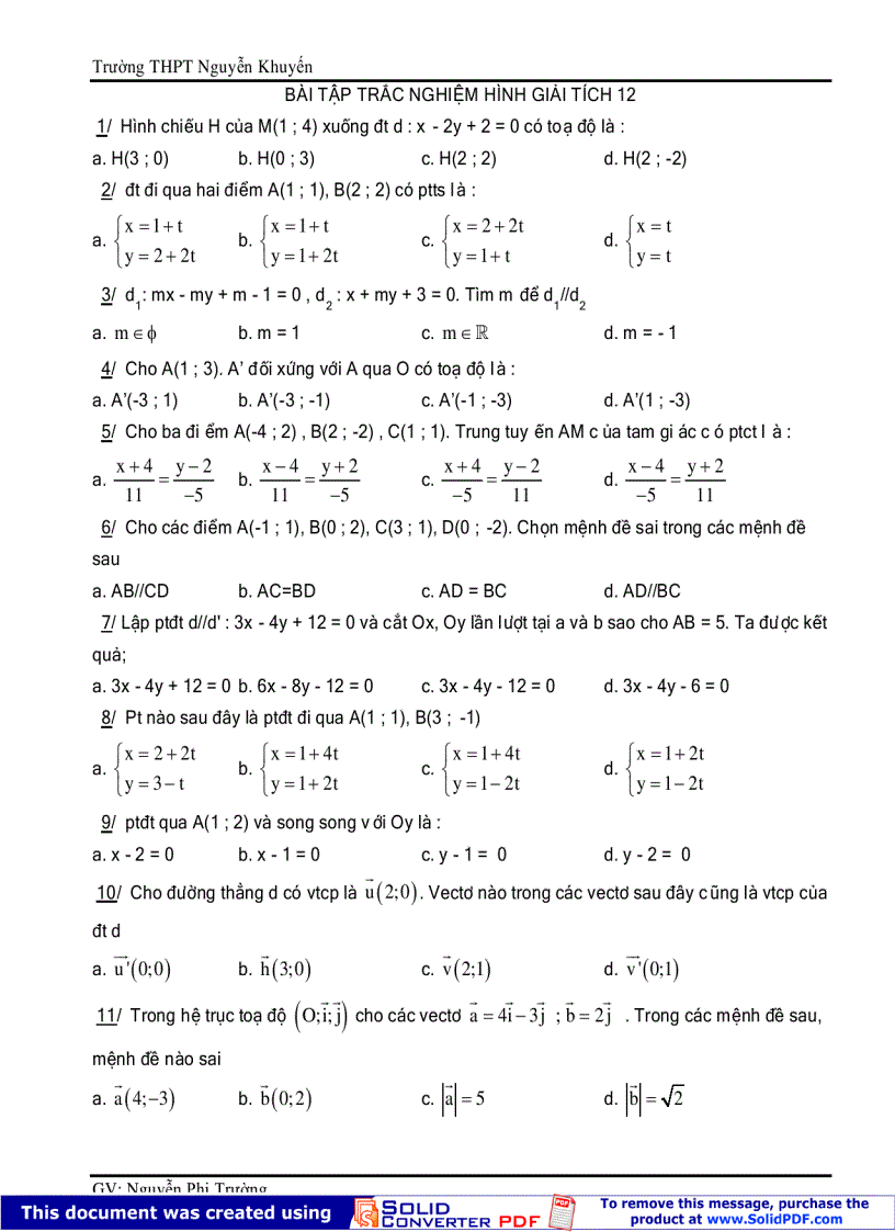 Bài trắc nghiệm Hình giải tích 12 THPT Nguyễn Khuyến