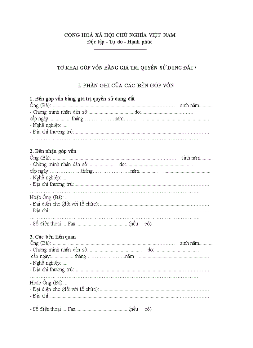 Tờ khai góp vốn bằng giá trị quyền sử dụng đất 1