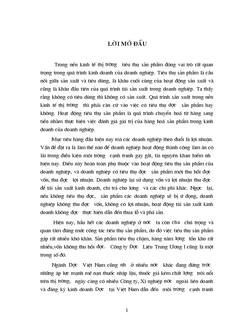 Luận văn Một số giải pháp đẩy nhanh tốc độ tiêu thụ sản phẩm tại Công ty Dược Liệu Trung Ương I