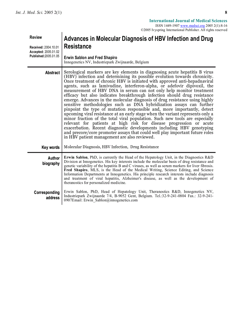 Báo cáo y học Advances in Molecular Diagnosis of HBV Infection and Drug Resistance