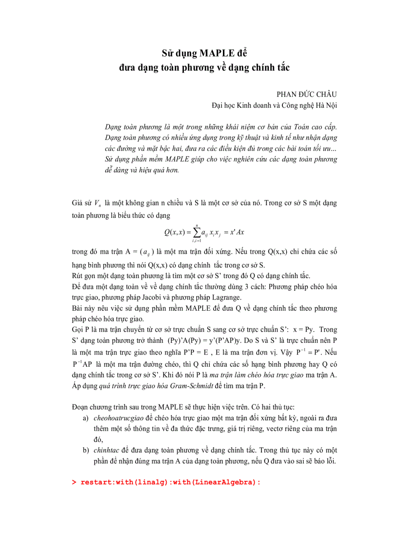 Sử dụng Maple để đưa dạng toàn phương về dạng chính tắc