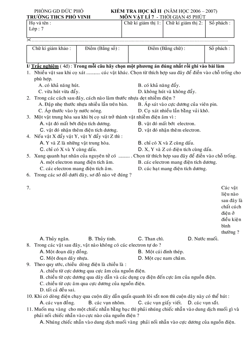 Kiểm tra học kì ii năm học 2006 2007 trường thcs phổ vinh môn vật lí 7