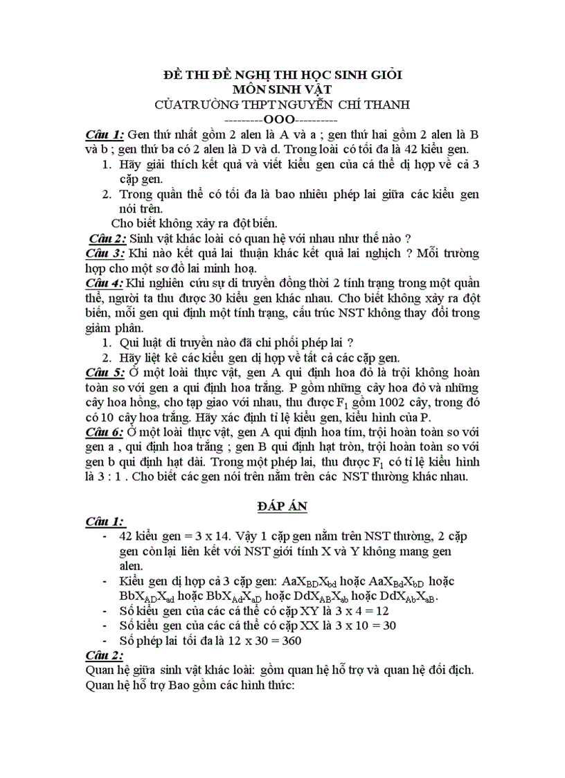 Đề thi HSG môn Sinh học 12 THPT Nguyễn Chí Thanh Huế 2006