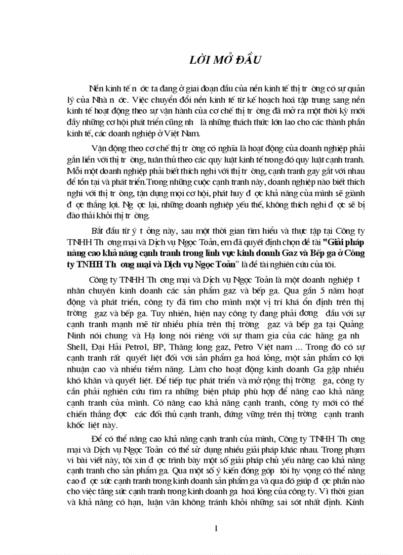 Giải pháp nâng cao khả năng cạnh tranh trong lĩnh vực kinh doanh Gaz và Bếp ga ở Công ty TNHH Thương mại và Dịch vụ Ngọc Toản