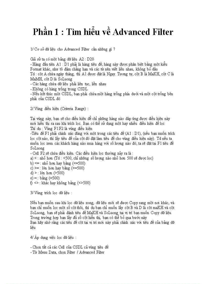 Excel Tìm hiểu về Advanced Filter
