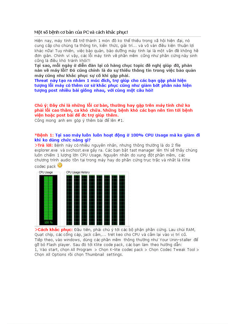 Một số bệnh cơ bản của PC và cách khắc phục