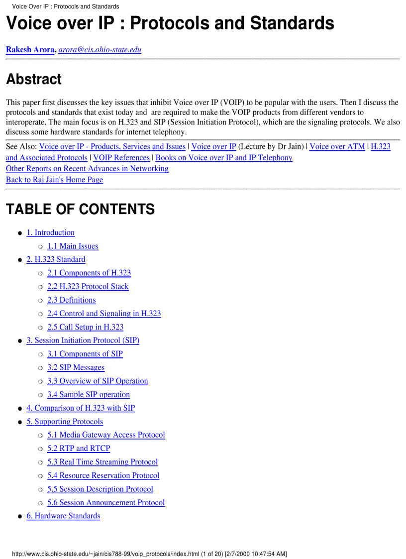 Voice over IP Protocols and Standards