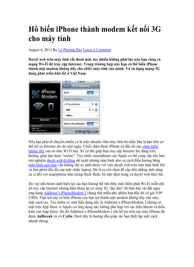 Hô biến iPhone thành modem kết nối 3G cho máy tính
