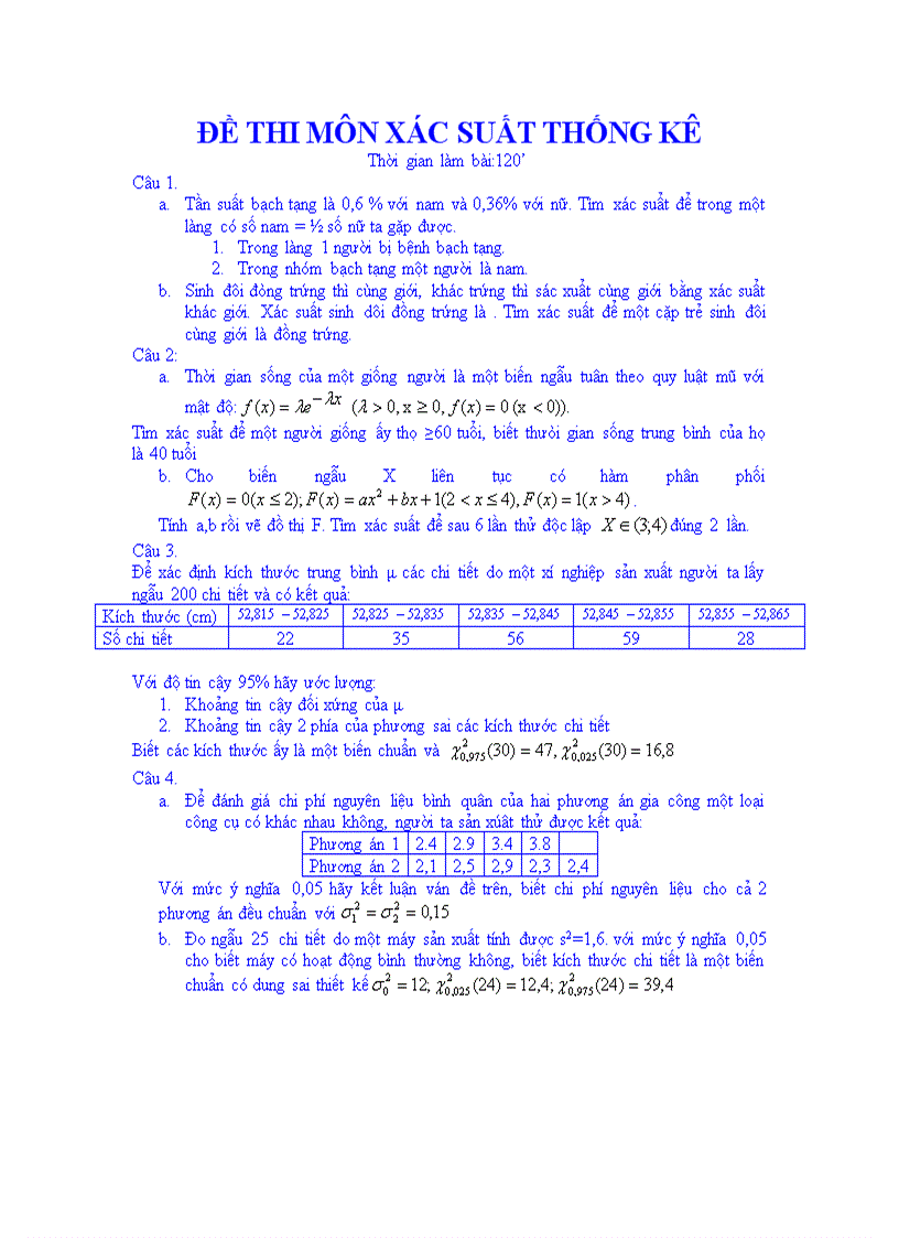Đề thi môn xác suất thống kê 02