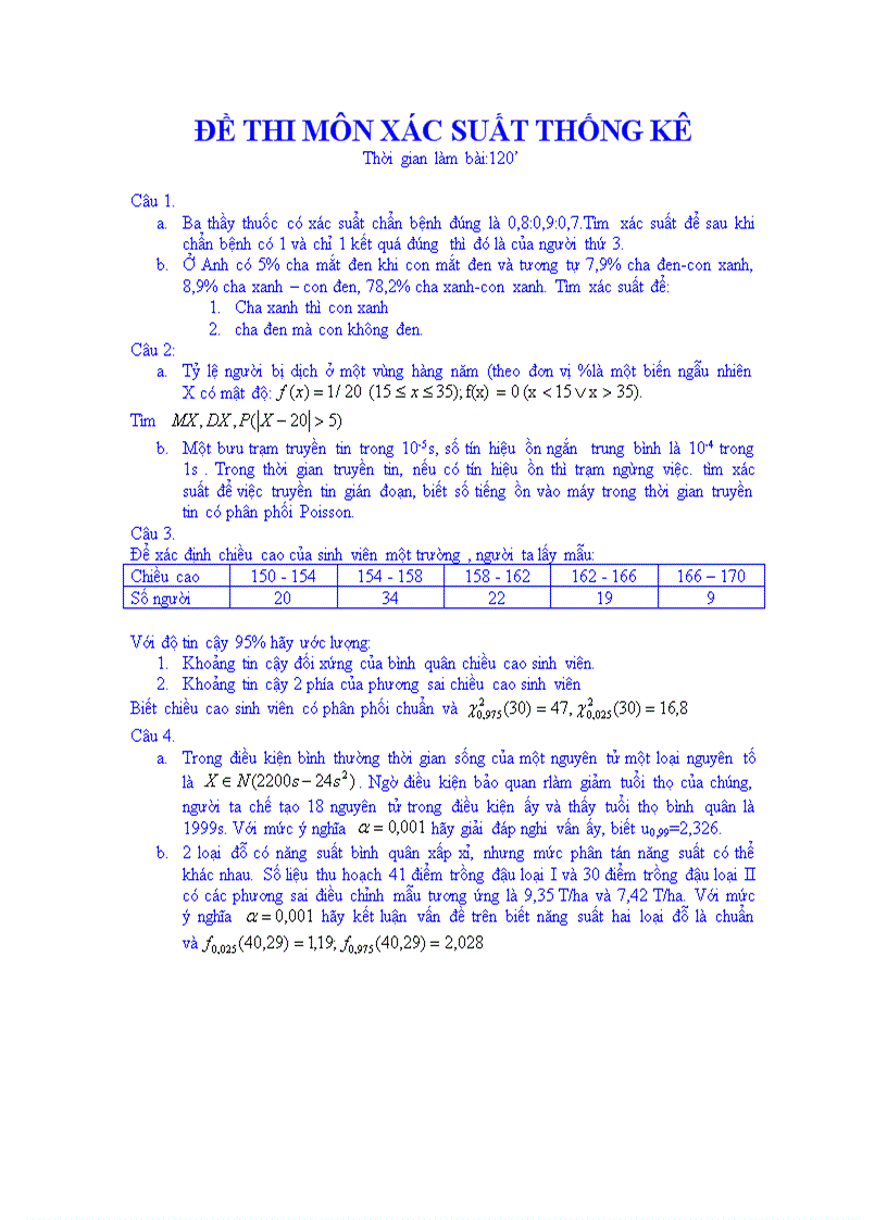 Đề thi môn xác suất thống kê 01