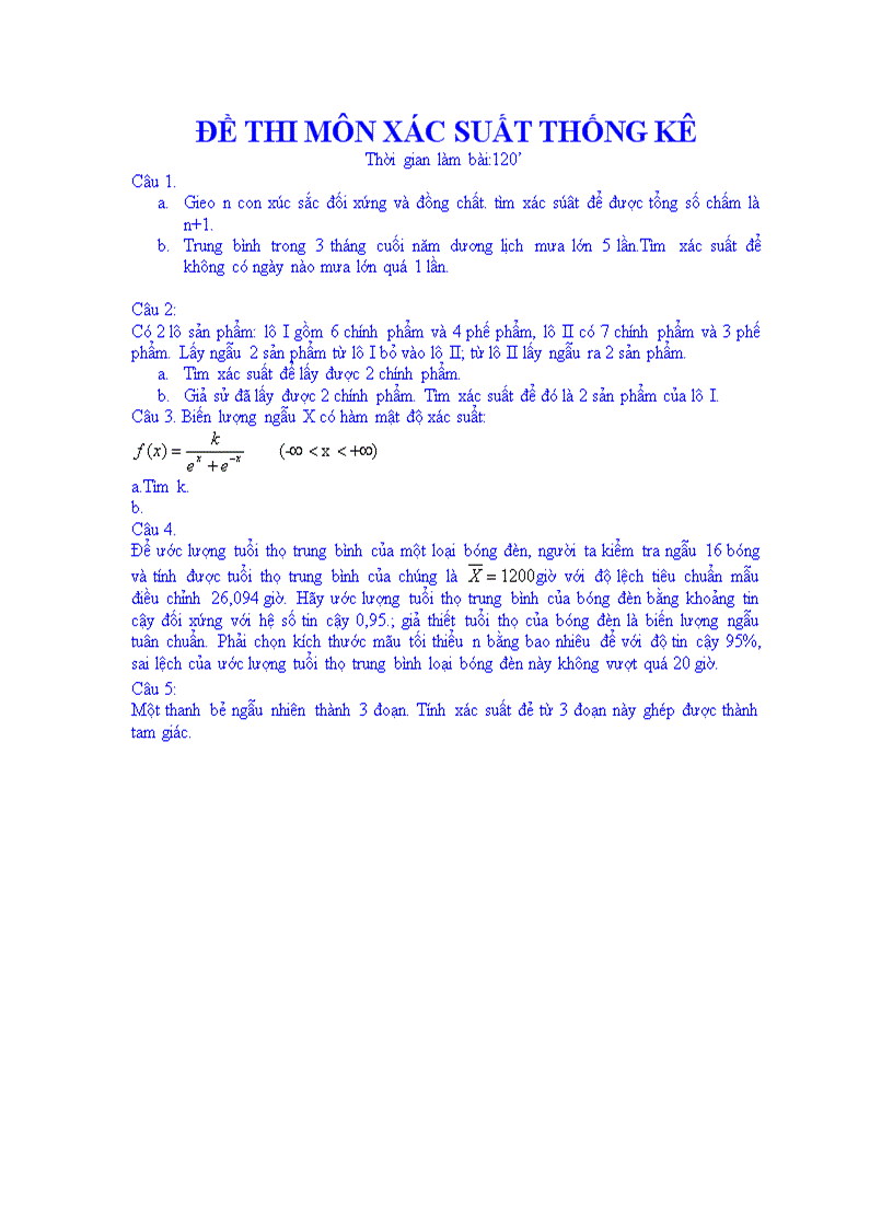 Đề thi môn xác suất thống kê 04