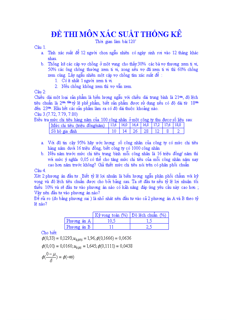 Đề thi môn xác suất thống kê 03