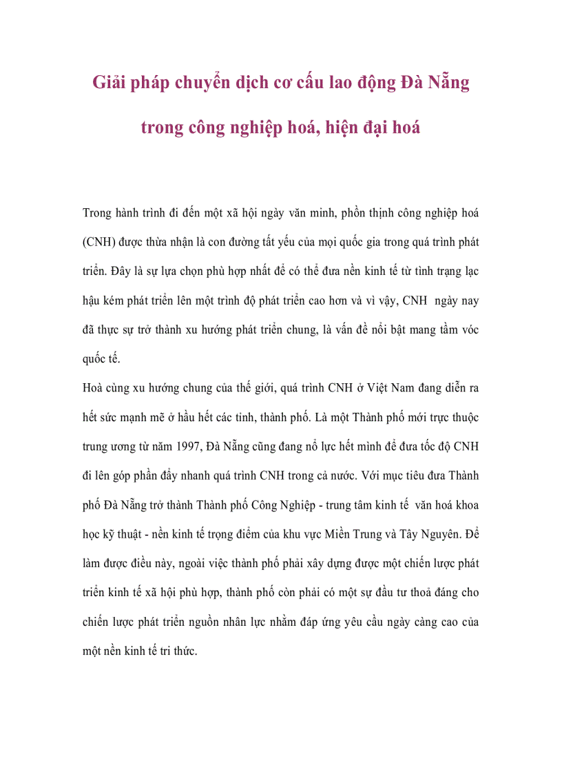 Giải pháp chuyển dịch cơ cấu lao động Đà Nẵng trong công nghiệp hoá hiện đại hoá