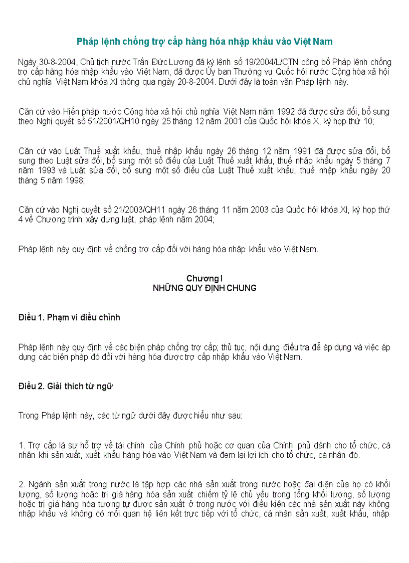 Pháp lệnh chống trợ cấp hàng hóa nhập khẩu vào Việt Nam