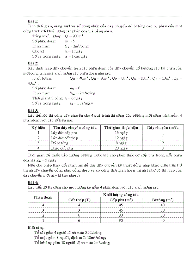 Bài tập Tổ chức thi công chương 3