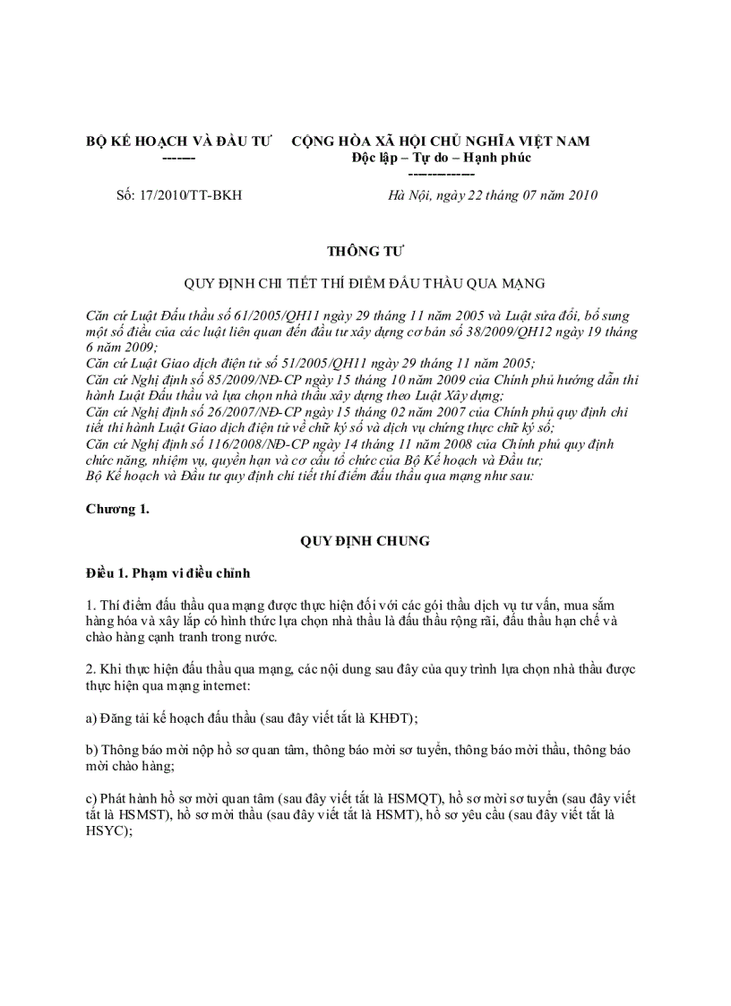 Thông tư 17 2010 TT BKH quy định chi tiết thí điểm đấu thầu qua mạng do Bộ Kế hoạch và Đầu tư ban hành
