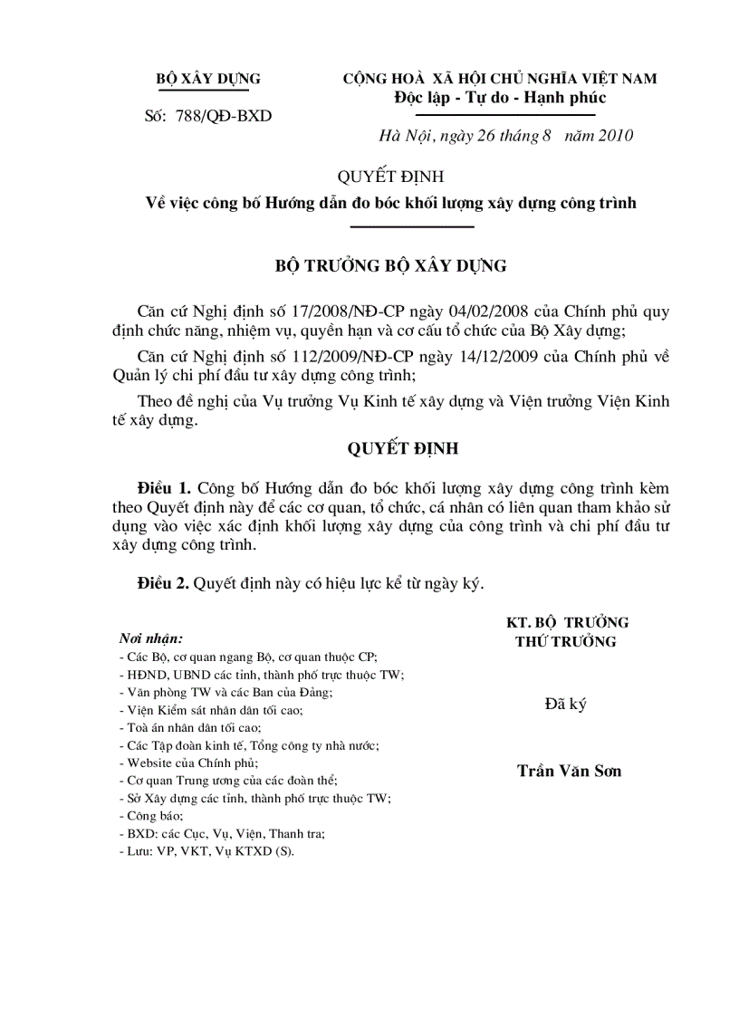 Quyết định 788 QĐ BXD về việc công bố Hướng dẫn đo bóc khối lượng xây dựng công trình