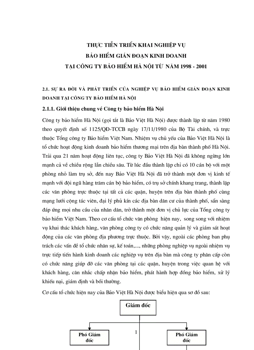 Thực tiễn triển khai nghiệp vụ bảo hiểm gián đoạn kinh doanh tại công ty bảo hiểm Hμ nội từ năm 1998 2001