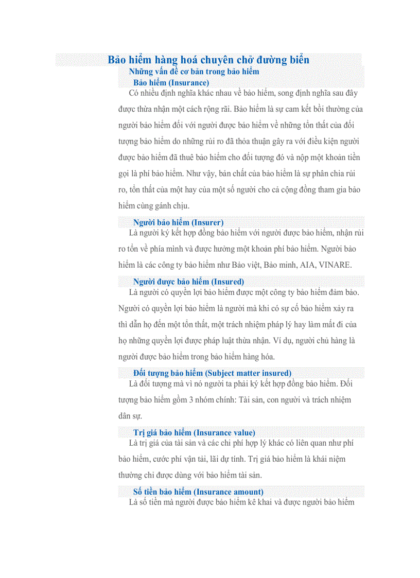 Bảo hiểm hàng hoá chuyên chởđường biển Những vấn đề cơ bản trong bảo hiểm