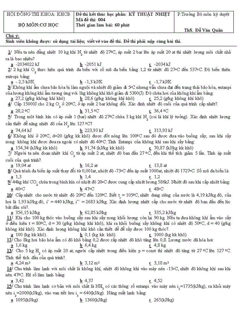 Đề thi kết thúc học phần KỸ THUẬT NHIỆT 004