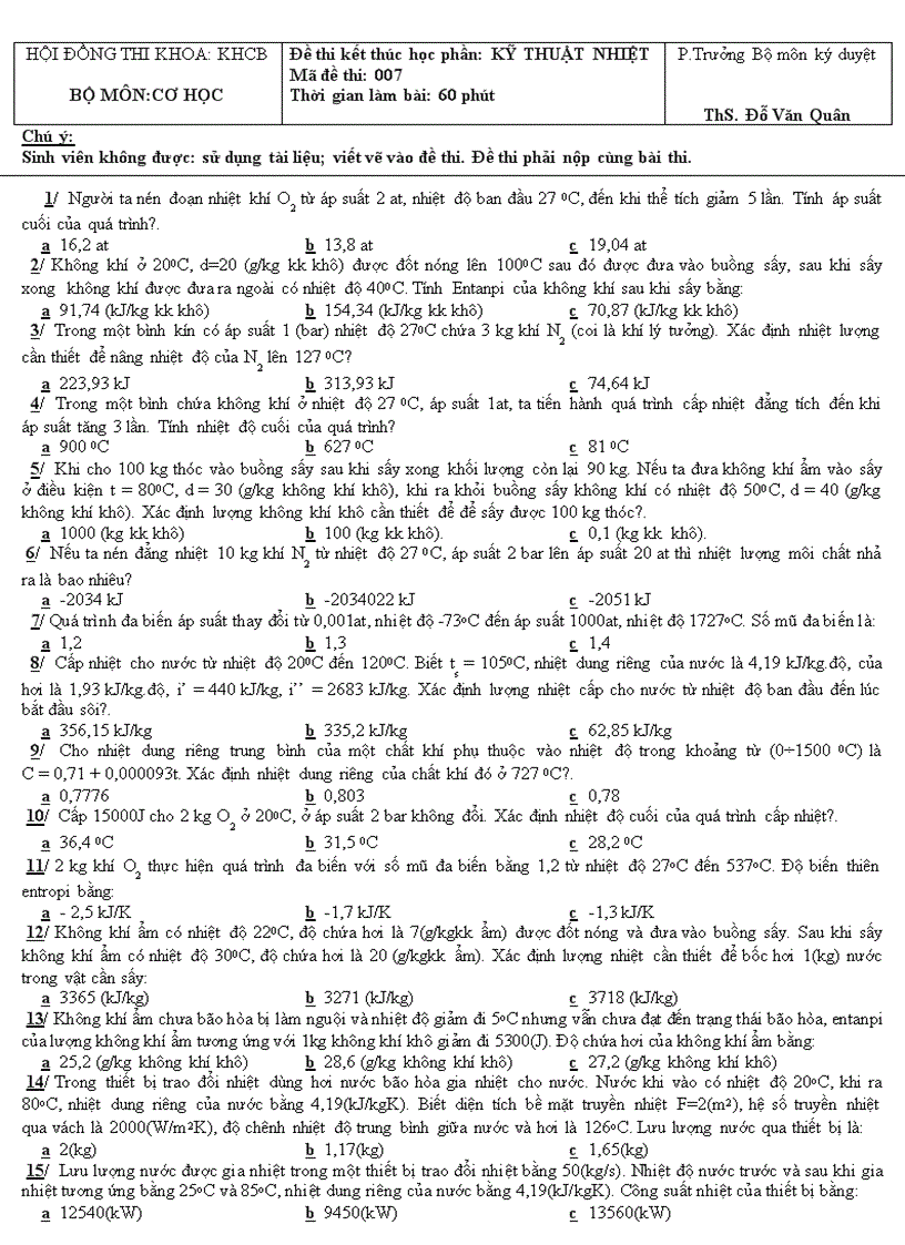 Đề thi kết thúc học phần KỸ THUẬT NHIỆT 007