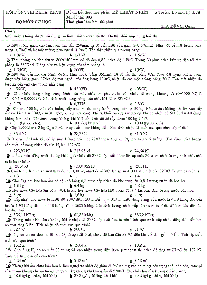 Đề thi kết thúc học phần KỸ THUẬT NHIỆT 003